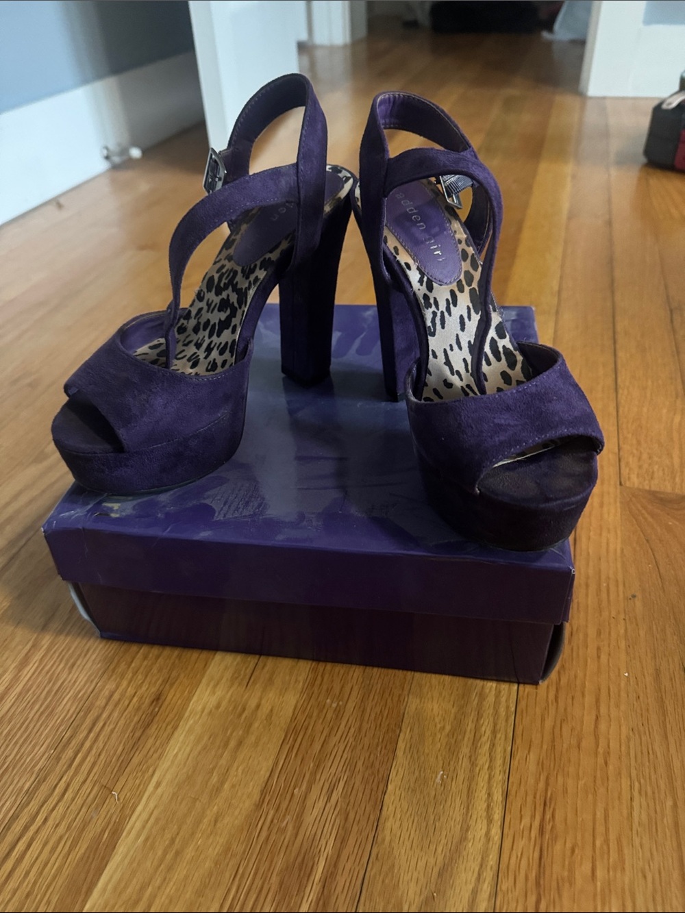 Madden Girl Purple Suede Platform Sandals with Leopard Insole